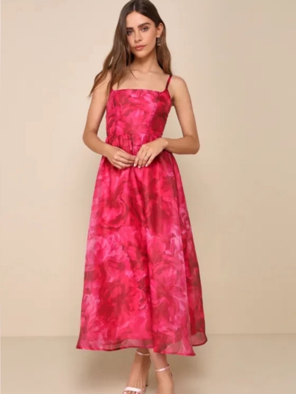 New Lulu's Darling Icon A-Line Pink Floral  Midi Dress Spaghetti Strap Sz Small